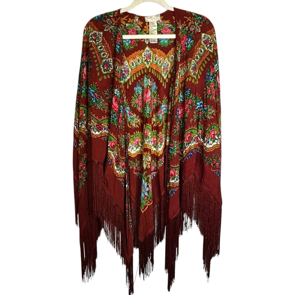 Free People Harvest Moon Butterfly Floral Kimono Fringed Boho Folk Art One Size